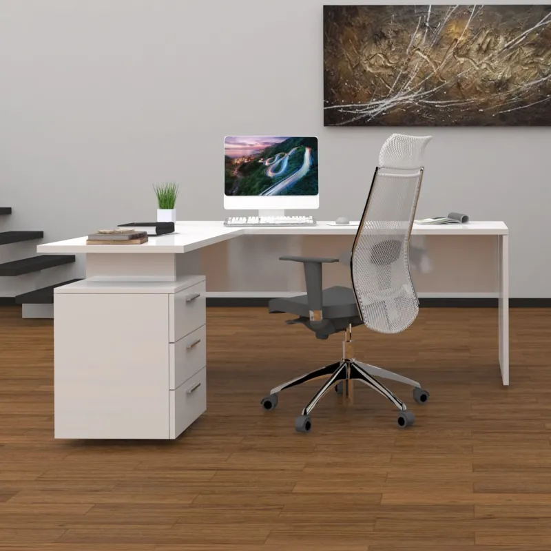 Scrivania 180x160 cm Bianco Laccato Lucido Angolare con Cassettiera 3 Cassetti - New Luna