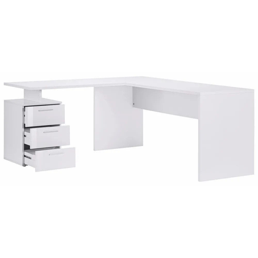 Scrivania 180x160 cm Bianco Laccato Lucido Angolare con Cassettiera 3 Cassetti - New Luna