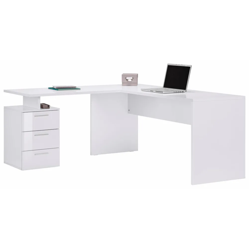 Scrivania 180x160 cm Bianco Laccato Lucido Angolare con Cassettiera 3 Cassetti - New Luna