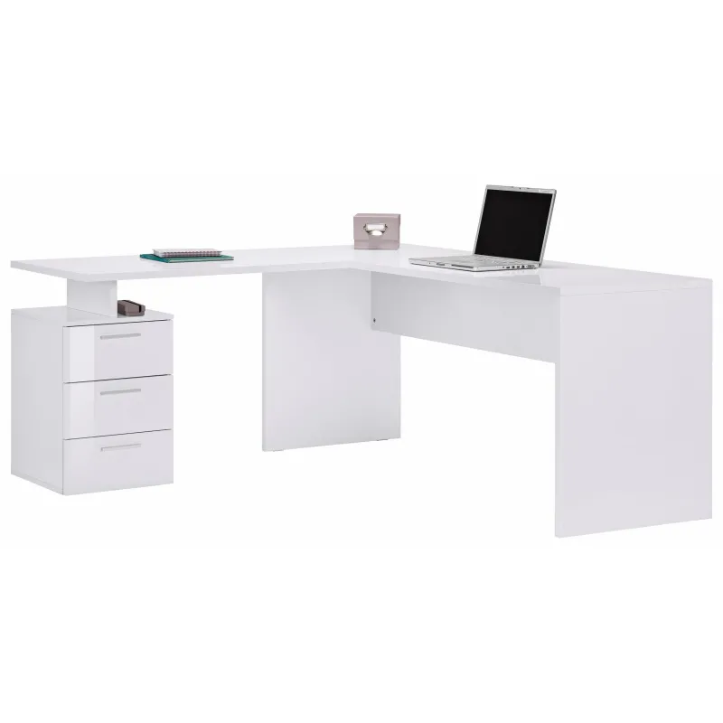 Scrivania 180x160 cm Bianco Laccato Lucido Angolare con Cassettiera 3 Cassetti - New Luna
