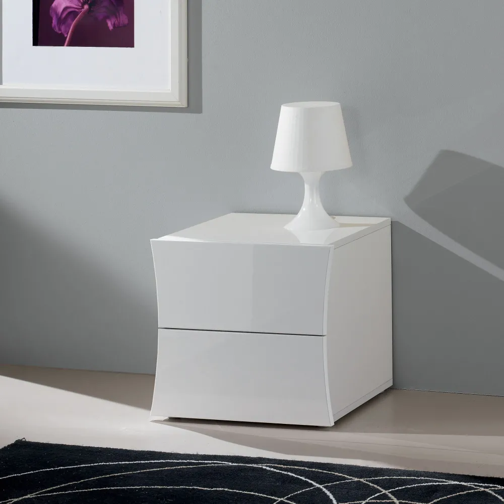 Comodino 47,5x40 Bianco Laccato Lucido 2 Cassetti Motivo Ricurvo - Robin
