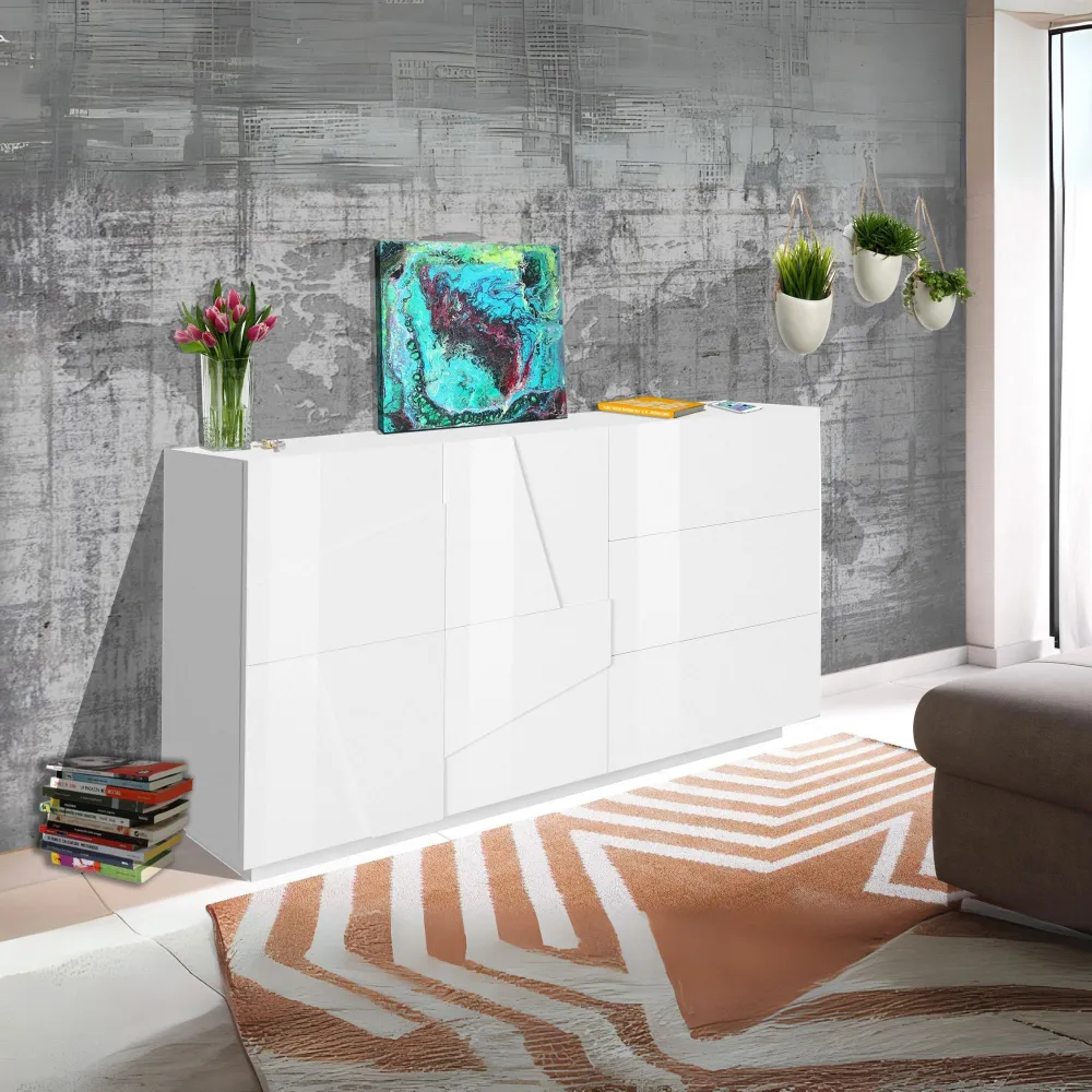 Madia 142,9x86x44,2 cm Bianco Laccato Lucido Design Moderno 2 Ante 3 Cassetti - Web