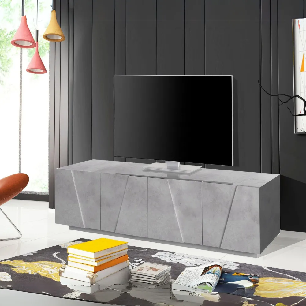 Porta TV 162x46 cm Bianco Laccato Lucido Design Moderno con 4 Ante e Ripiani Centrali - Web