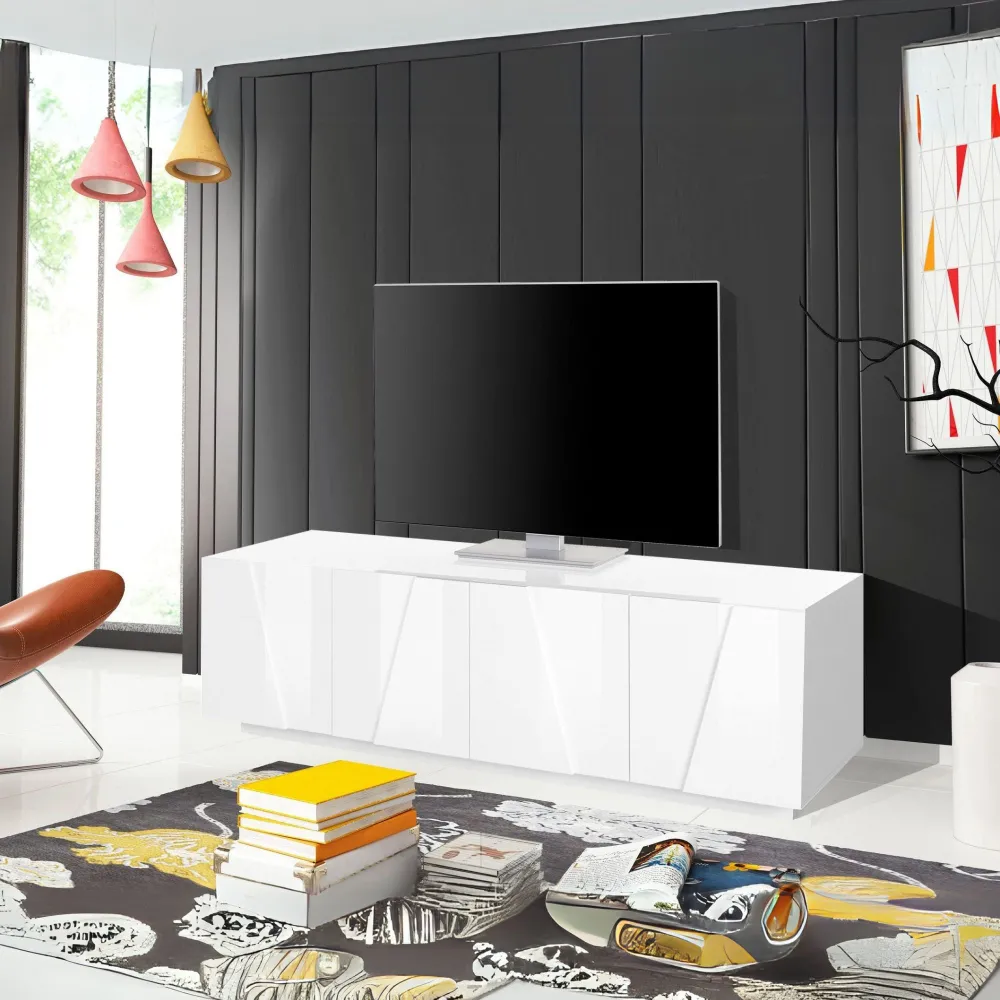 Porta TV 162x46 Bianco Laccato Lucido Design Moderno con 4 Ante e Ripiani Centrali - Web