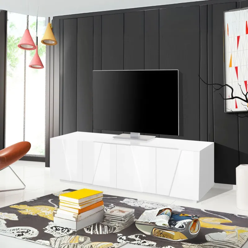 Porta TV 162x46 Bianco Laccato Lucido Design Moderno con 4 Ante e Ripiani Centrali - Web