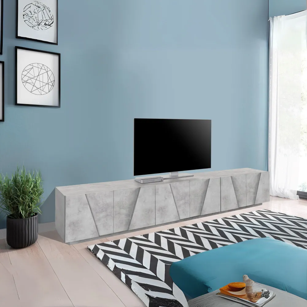 Porta TV 243,6x46x44,2 cm Bianco Laccato Lucido Design Moderno con 6 Ante e Ripiani - Web
