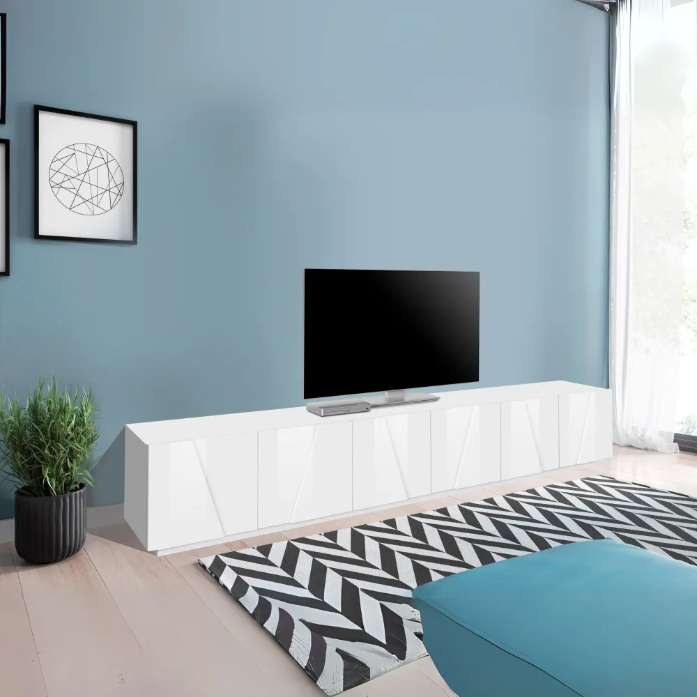 Porta TV 180x40x75 Bianco Laccato Lucido 6 Ante Design Moderno - Web