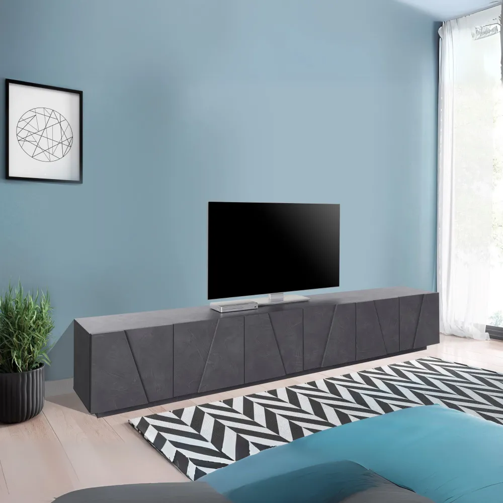 Porta TV 243,6x46x44,2 cm Bianco Laccato Lucido Design Moderno con 6 Ante e Ripiani - Web