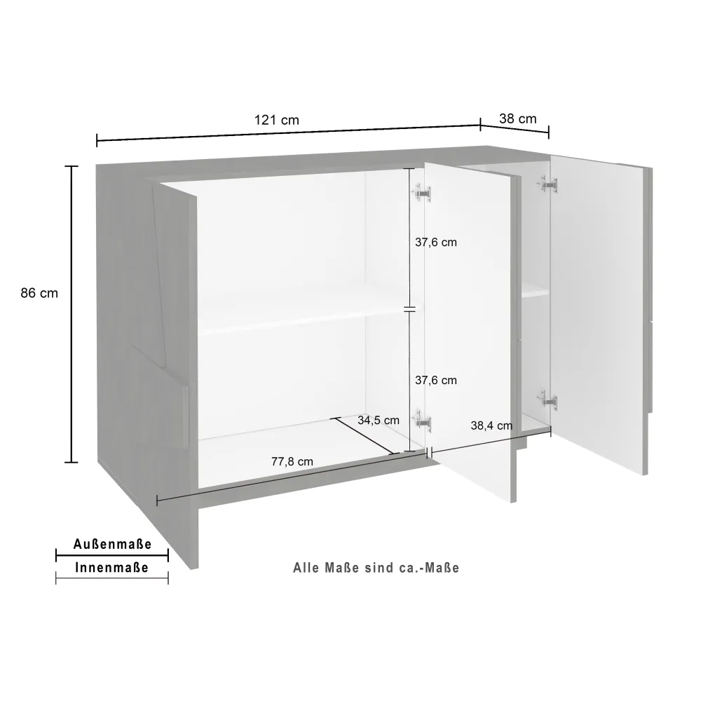 Madia 121x86x38 cm Bianco Laccato Lucido 3 Ante Battenti Moderna - Web
