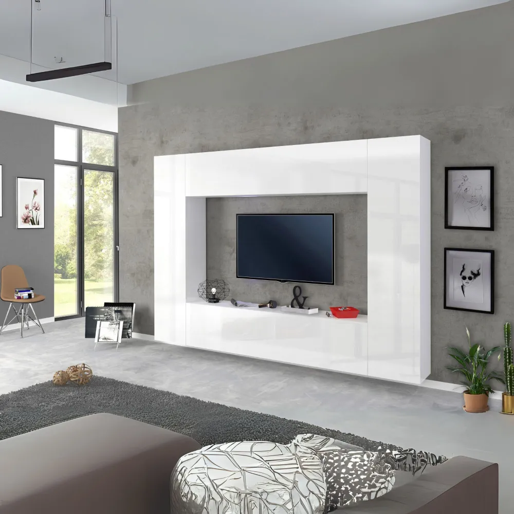Parete attrezzata 180x180 cm Bianco Lucido Moderna Sala - Elsa