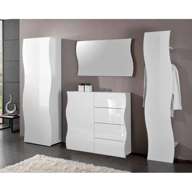 Composizione Ingresso 234x39,5x187 cm Bianco Laccato Lucido Design Moderno Frontali Ondulati - Mare