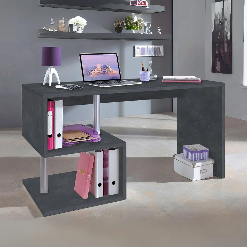 Scrivania 140x60x78 cm Bianco Laccato Lucido Ripiani a S - Zeta