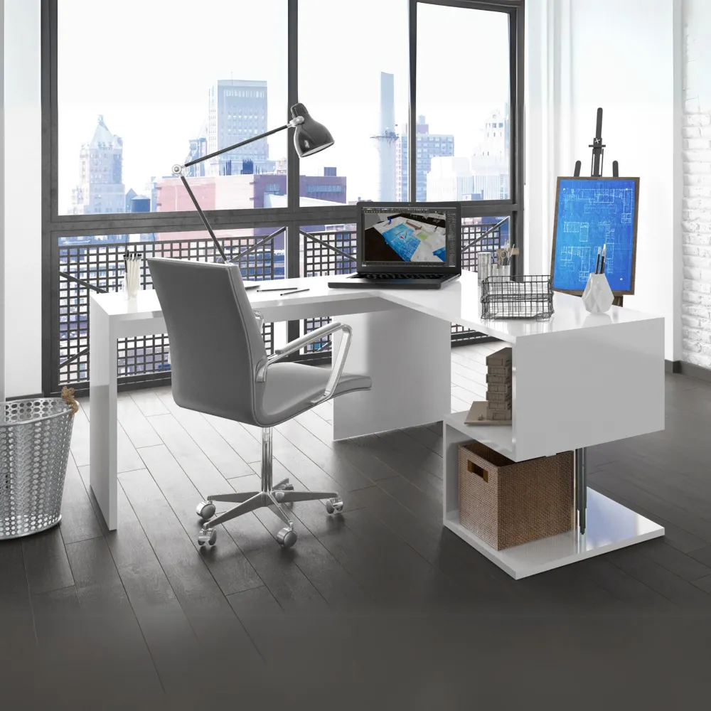Scrivania 180x160 Bianco Laccato Lucido Moderna con Ripiani a S - Zeta