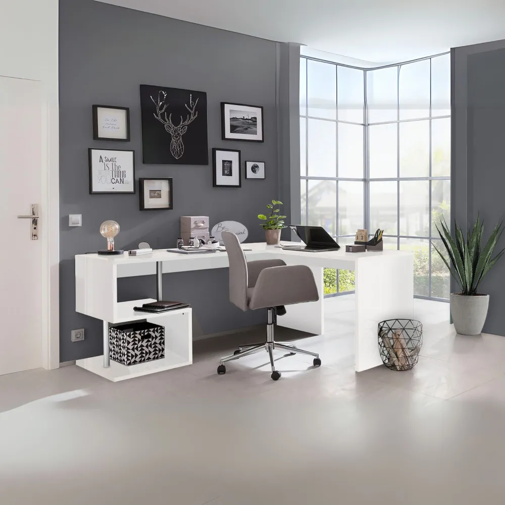Scrivania 180x160 Bianco Laccato Lucido Moderna con Ripiani a S - Zeta 2