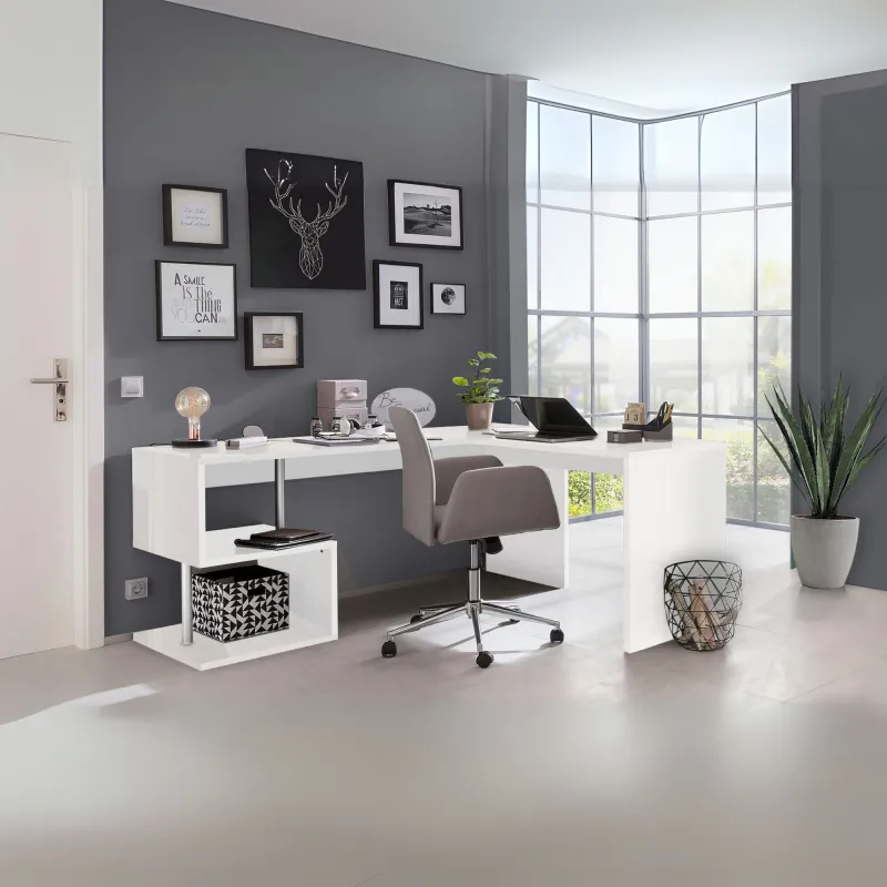 Scrivania 180x160 Bianco Laccato Lucido Moderna con Ripiani a S - Zeta