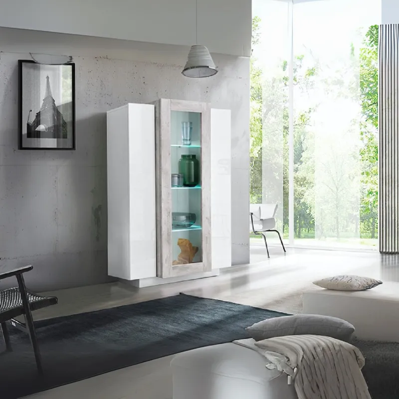 Vetrina 80x120,5x38 cm Bianco Laccato Lucido Anta Centrale in Vetro per Soggiorno Moderno - Band