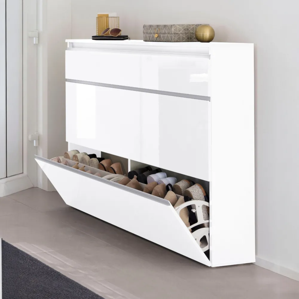 Scarpiera 120x26,5x108 cm Bianco Antracite Laccato Lucido 3 Ante Ribalta - Harry