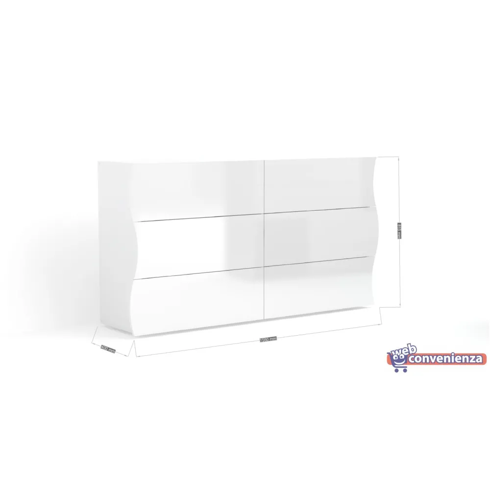 Set Comò e Comodini 6 Cassetti Bianco Laccato Lucido Design Moderno Made in Italy - Mare