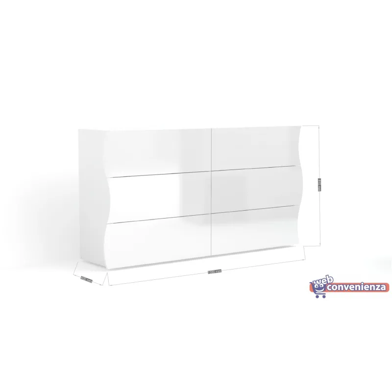Set Comò e Comodini 6 Cassetti Bianco Laccato Lucido Design Moderno Made in Italy - Mare