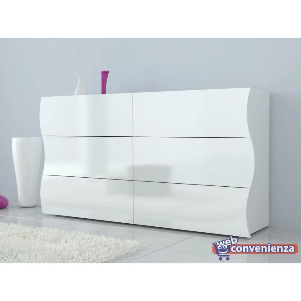 Set Comò e Comodini 6 Cassetti Bianco Laccato Lucido Design Moderno Made in Italy - Mare
