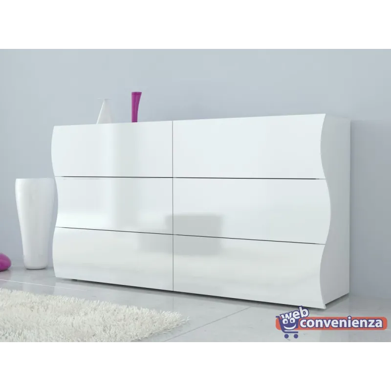 Set Comò e Comodini 6 Cassetti Bianco Laccato Lucido Design Moderno Made in Italy - Mare