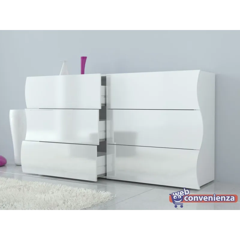 Set Comò e Comodini 6 Cassetti Bianco Laccato Lucido Design Moderno Made in Italy - Mare