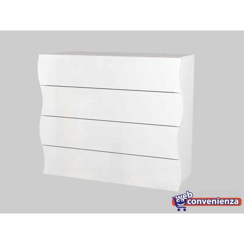 Set Comò e Comodini 98x81.5x39.5 cm Bianco Laccato Lucido Design Moderno Frontali Ondulati - Mare