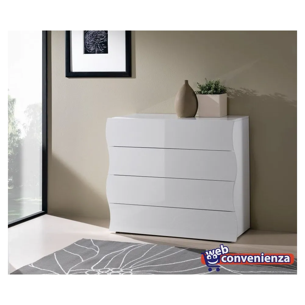 Set Comò e Comodini 98x81.5x39.5 cm Bianco Laccato Lucido Design Moderno Frontali Ondulati - Mare