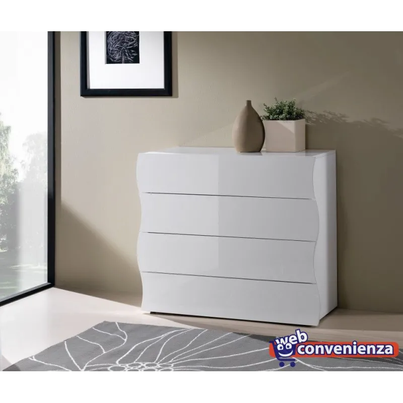 Set Comò e Comodini 98x81.5x39.5 cm Bianco Laccato Lucido Design Moderno Frontali Ondulati - Mare
