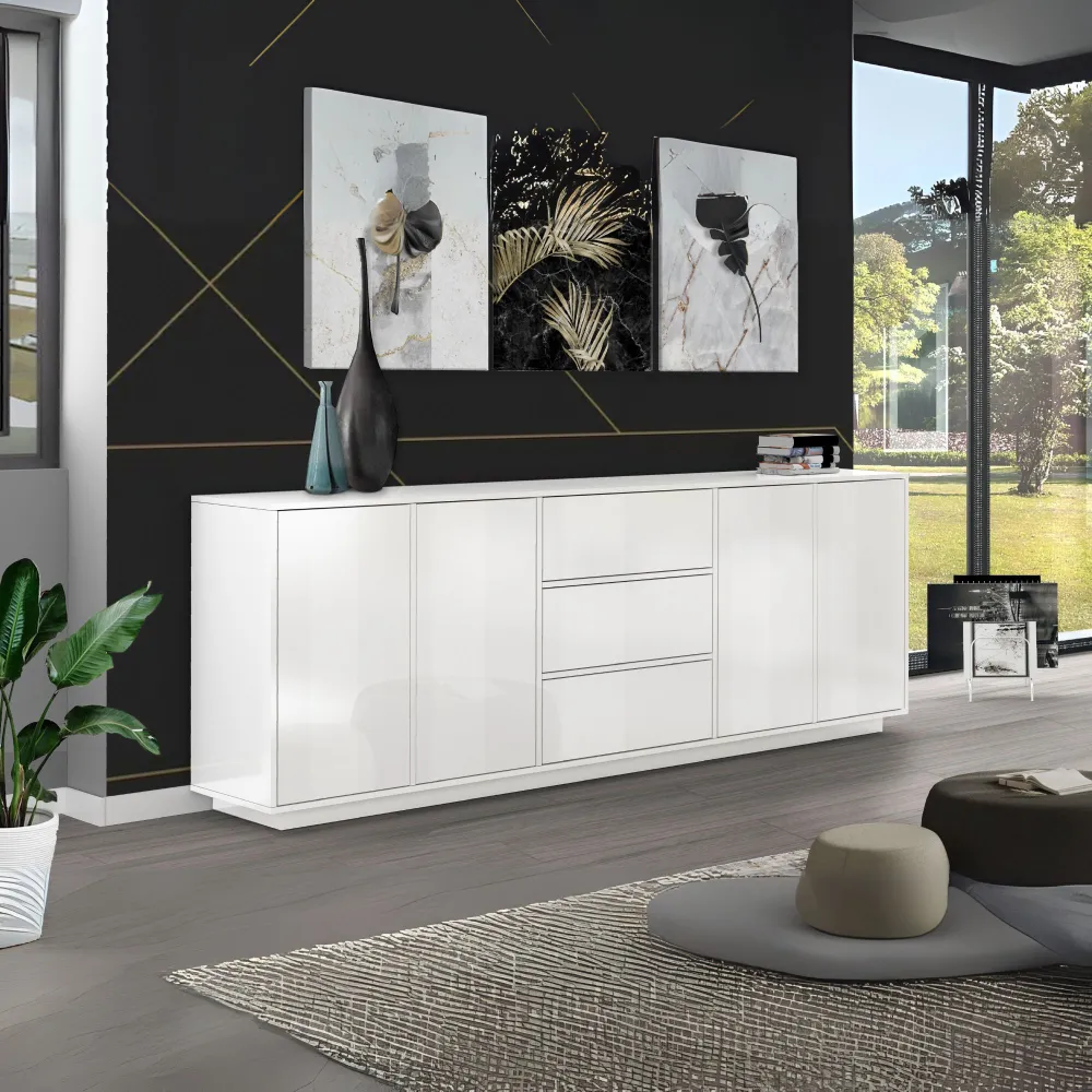 Credenza 220 cm Bianco Design Italiano 4 Ante 3 Cassetti Soggiorno - Club