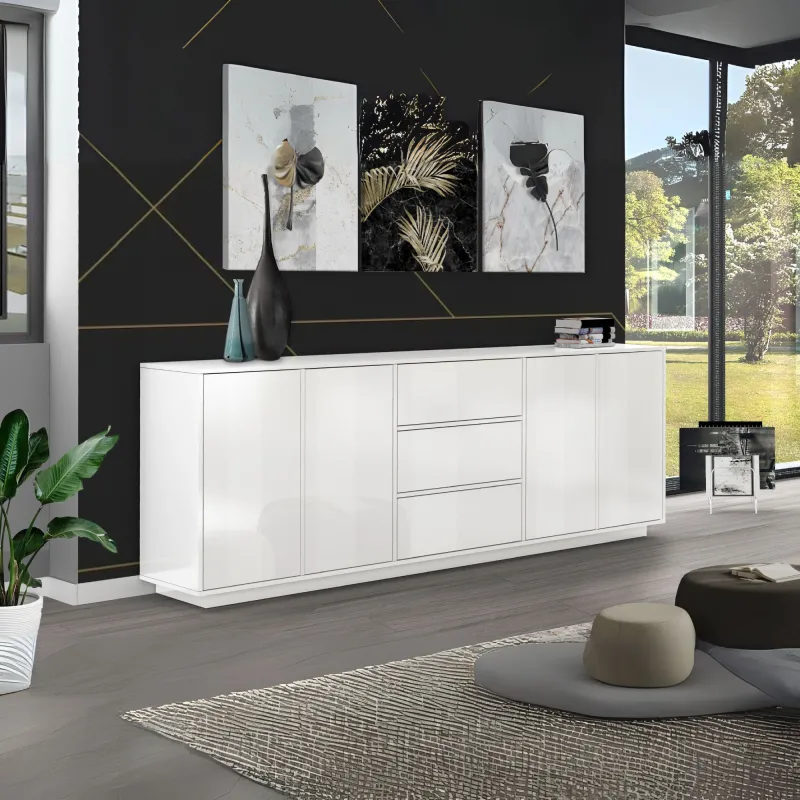 Credenza 220 cm Bianco Design Italiano 4 Ante 3 Cassetti Soggiorno - Club
