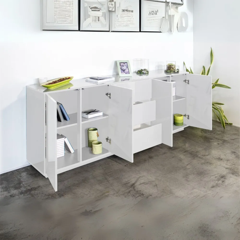 Credenza 220 cm Bianco Design Italiano 4 Ante 3 Cassetti Soggiorno - Club