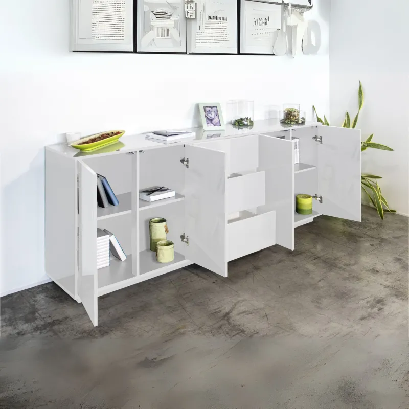 Credenza 220 cm Bianco Design Italiano 4 Ante 3 Cassetti Soggiorno - Club