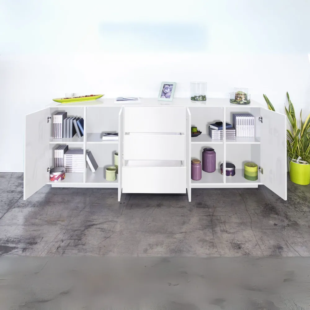 Credenza 220 cm Bianco Design Italiano 4 Ante 3 Cassetti Soggiorno - Club