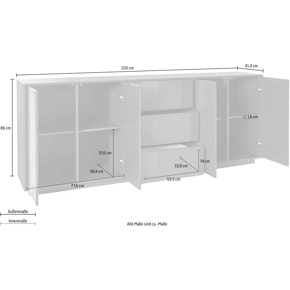 Credenza 220 cm Bianco Design Italiano 4 Ante 3 Cassetti Soggiorno - Club