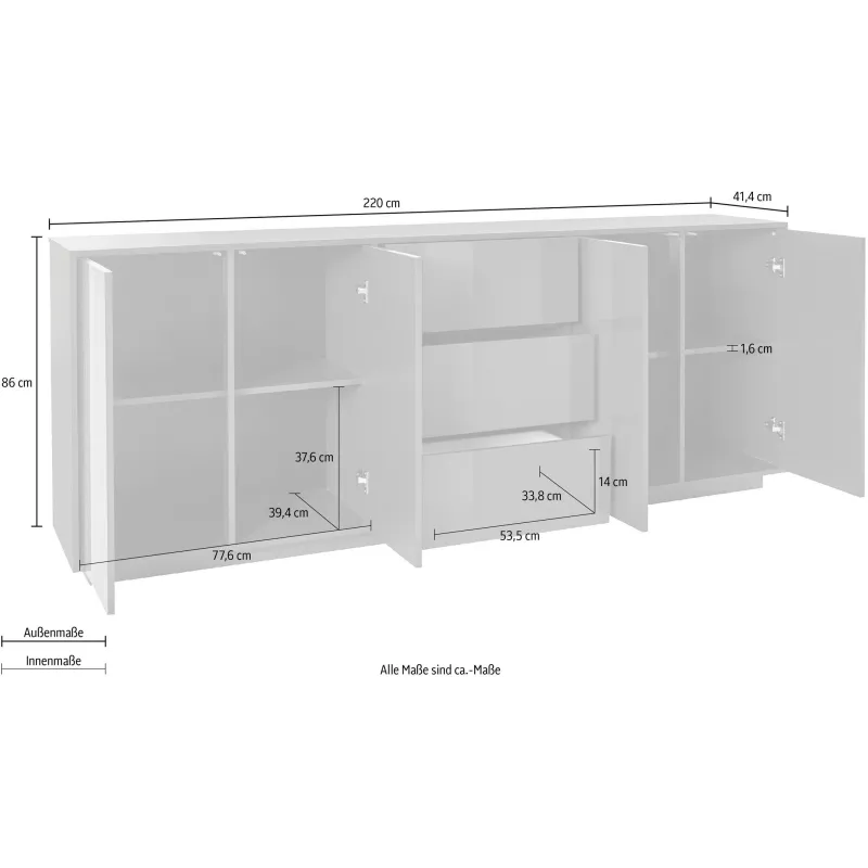 Credenza 220 cm Bianco Design Italiano 4 Ante 3 Cassetti Soggiorno - Club