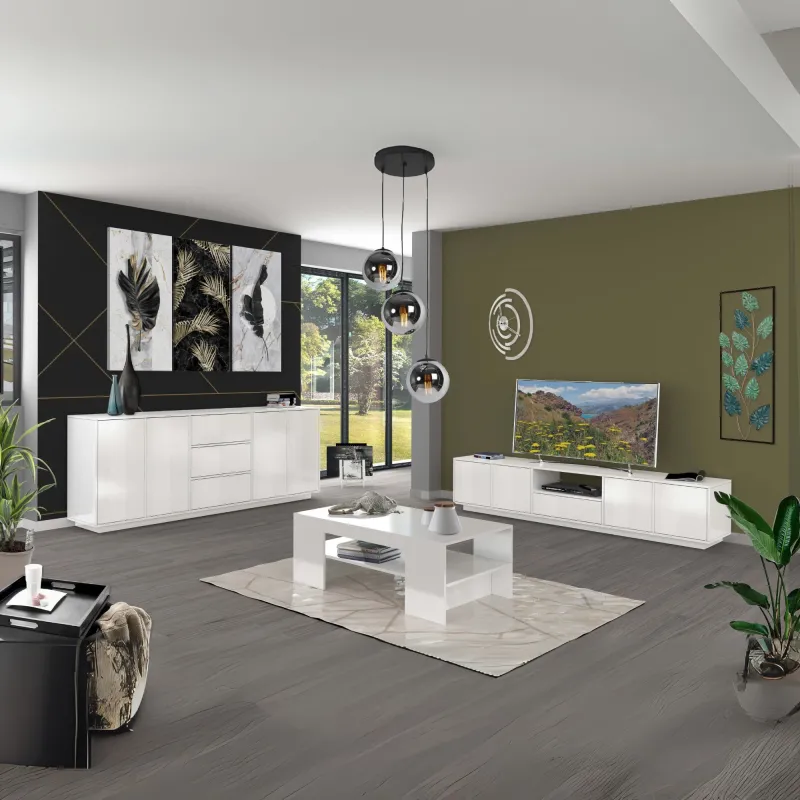 Credenza 220 cm Bianco Design Italiano 4 Ante 3 Cassetti Soggiorno - Club