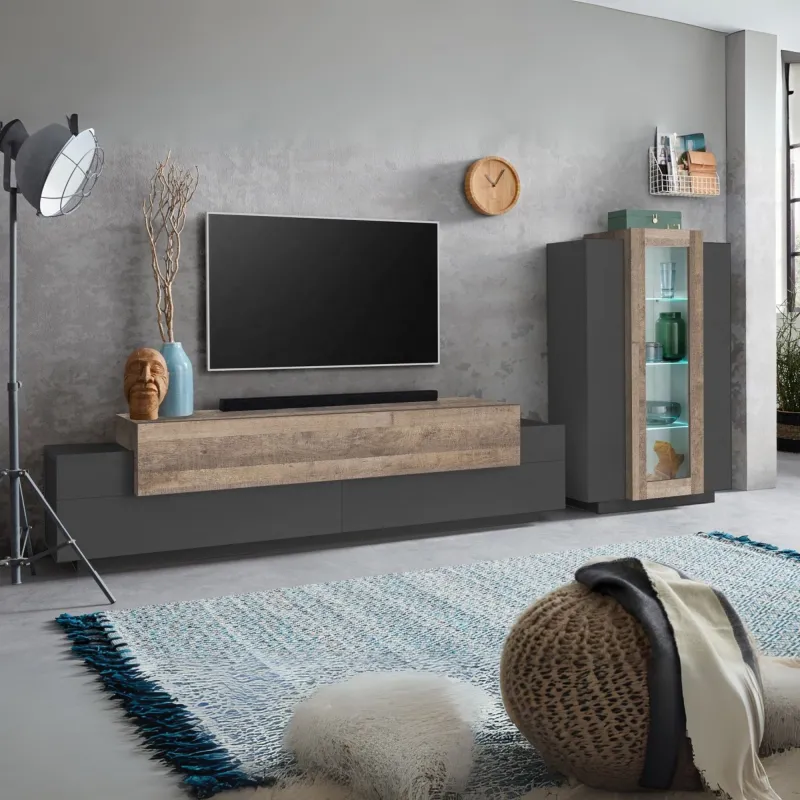 Porta TV 200 cm Bianco Moderno con Vetrina per Soggiorno - Band