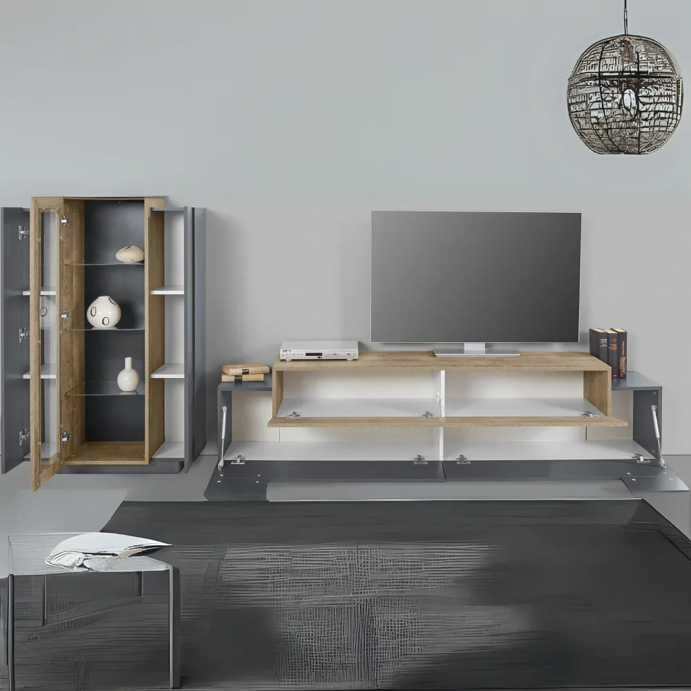Porta TV 200 cm Bianco Moderno con Vetrina per Soggiorno - Band