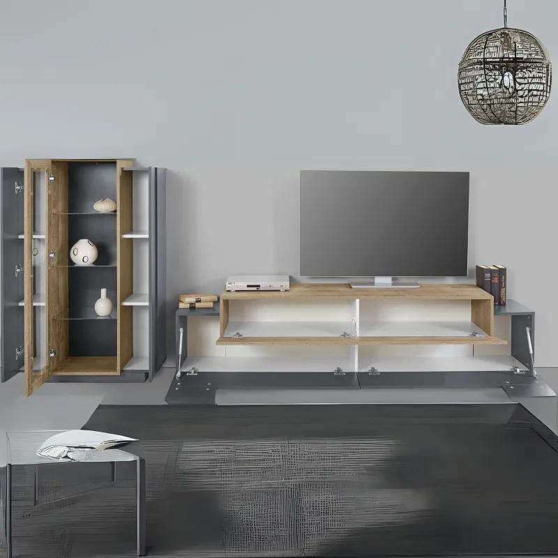 Porta TV 200 cm Bianco Moderno con Vetrina per Soggiorno - Band