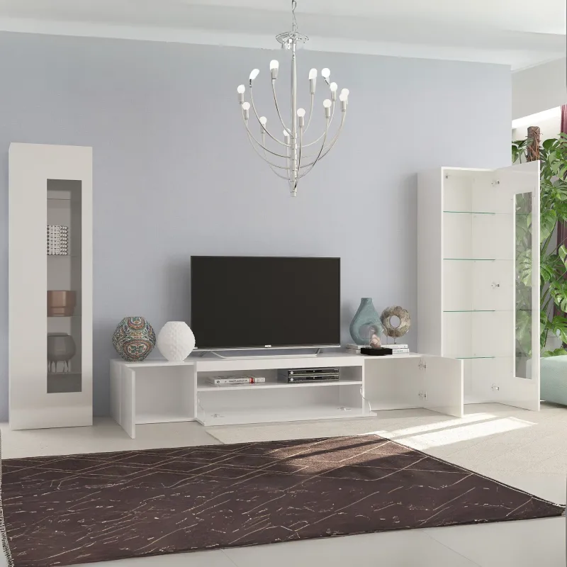 Porta TV 200x40x50 cm Bianco Design Moderno con Vetrine per Soggiorno - Frozen