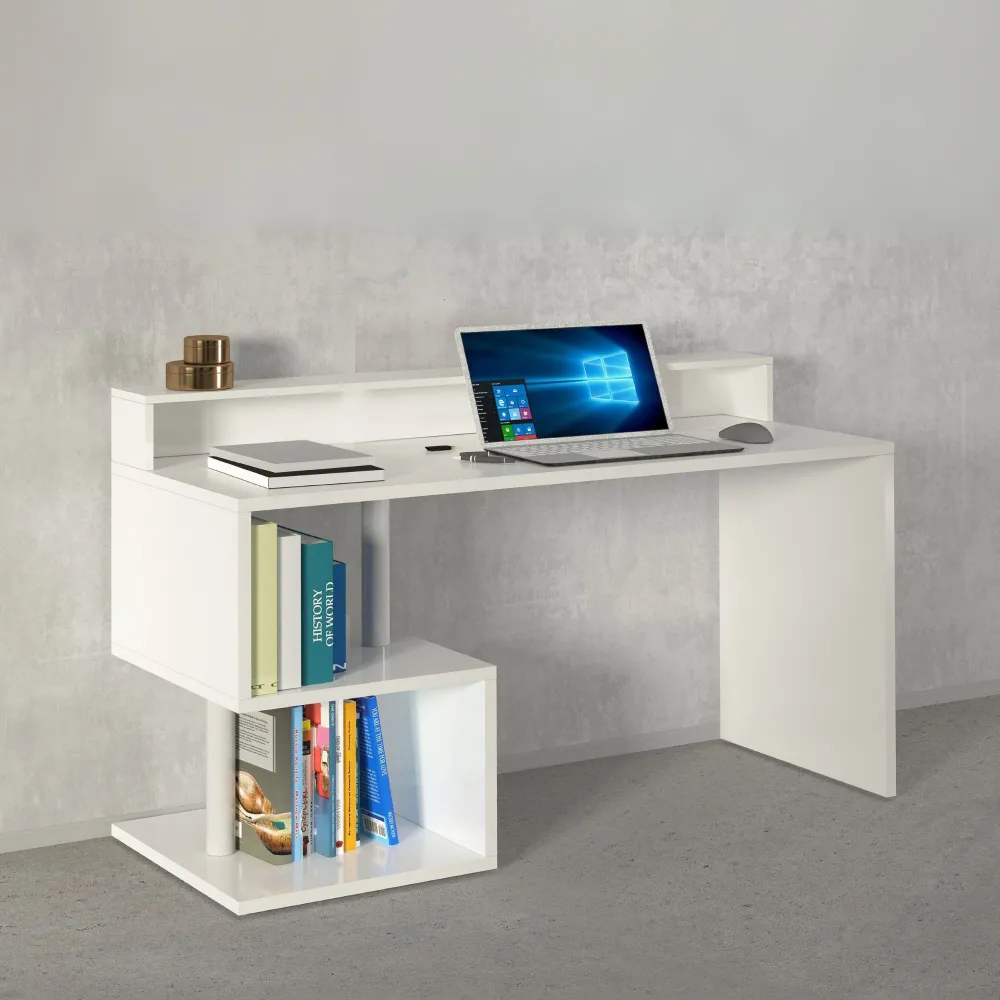 Scrivania Ufficio 140x50x92.5 cm Bianco Laccato Lucido con Design Moderno - Zeta
