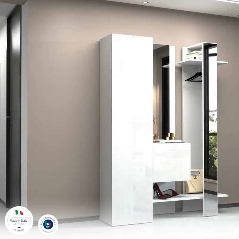 Mobile da Ingresso 140x35x191 cm Bianco Laccato Lucido con Design Moderno - Harmony