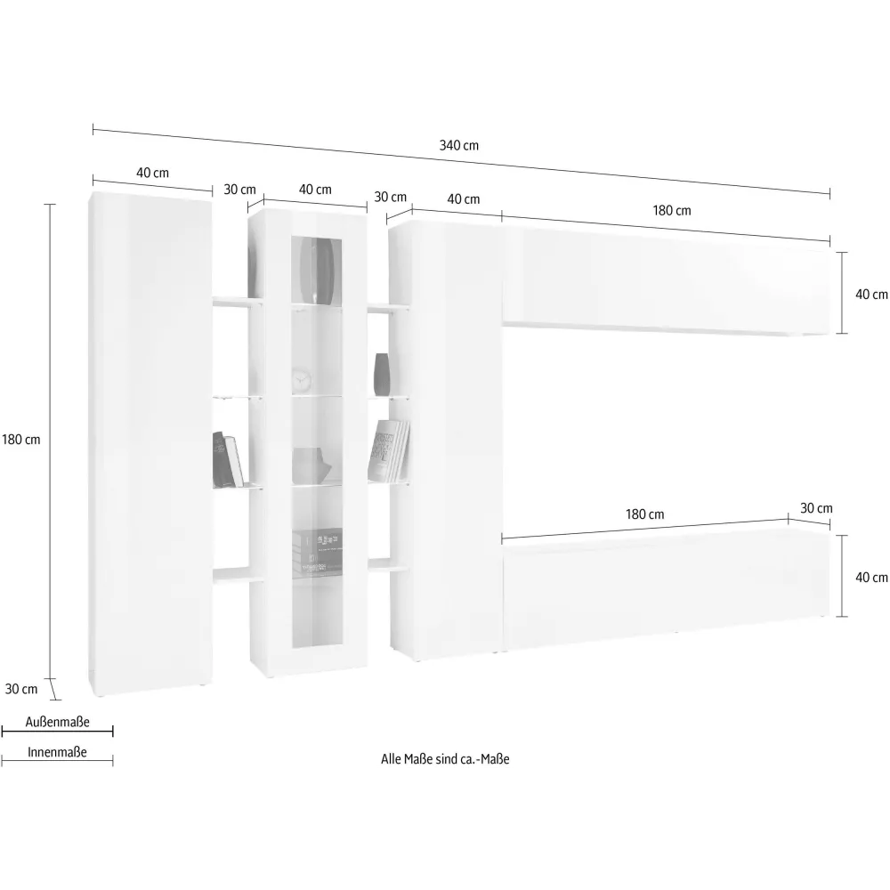 Parete Attrezzata 340x30x180 cm Bianco Laccato Lucido con Design Moderno per Zona Giorno - York 2