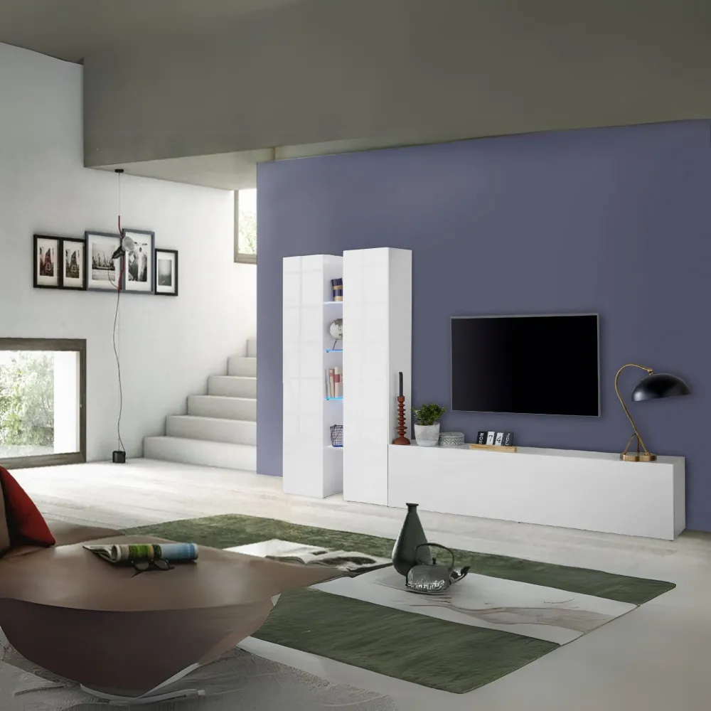 Parete Attrezzata L.280 cm Bianco Laccato Lucido con Design Moderno per Zona Giorno - York