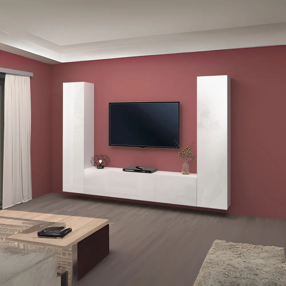 Parete Attrezzata 260x30x180 cm Bianco Laccato Lucido con Design Moderno per Zona Giorno - York