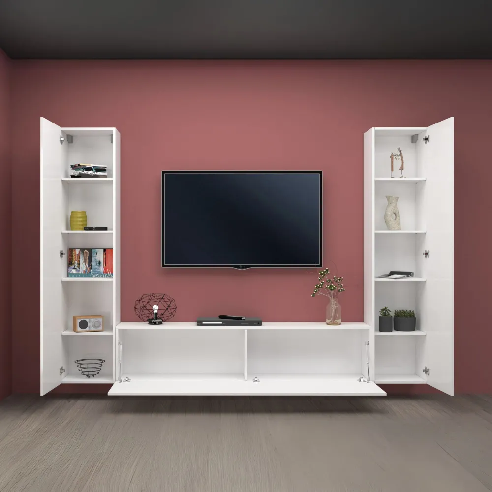 Parete Attrezzata 260x30x180 cm Bianco Laccato Lucido con Design Moderno per Zona Giorno - York 2