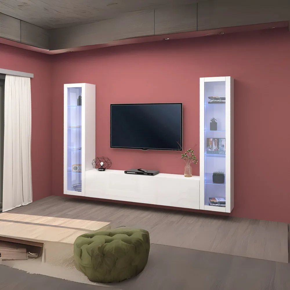 Parete Attrezzata 260x30x180 cm Bianco Laccato Lucido con Design Moderno per Zona Giorno - York