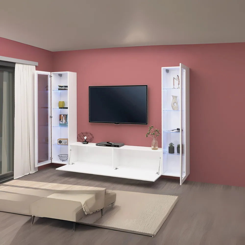 Parete Attrezzata 260x30x180 cm Bianco Laccato Lucido con Design Moderno per Zona Giorno - York 2