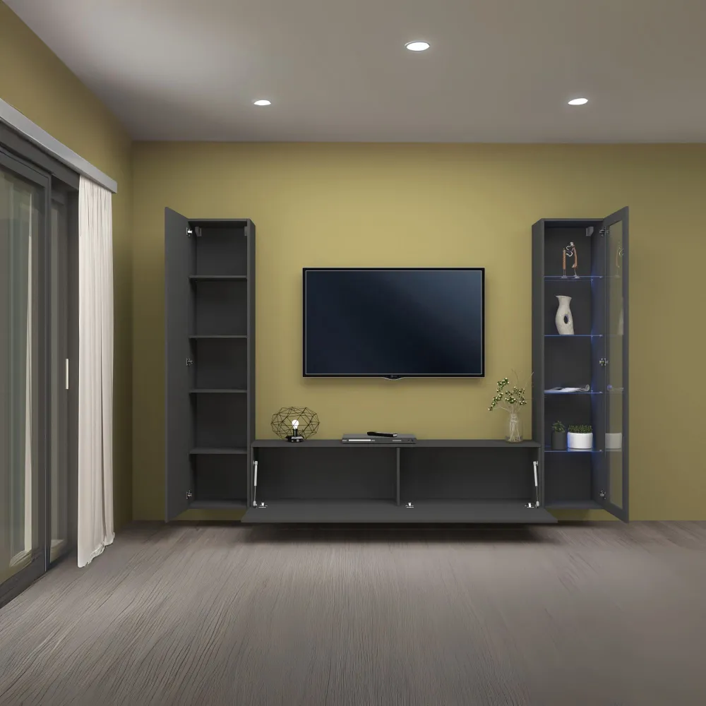 Parete Attrezzata Zona Giorno L.260 cm Antracite Opaco con Design Moderno - York 2